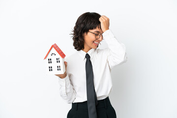 Real estate mixed race agent isolated on white background has realized something and intending the solution