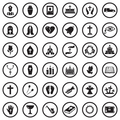 Funeral Icons. Black Flat Design In Circle. Vector Illustration.
