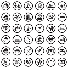Family Life Icons. Black Flat Design In Circle. Vector Illustration.