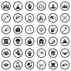 Fantasy Icons. Black Flat Design In Circle. Vector Illustration.