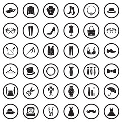 Fashion Icons. Black Flat Design In Circle. Vector Illustration.