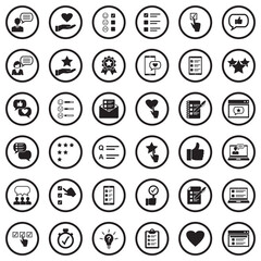 Feedback And Review Icons. Black Flat Design In Circle. Vector Illustration.