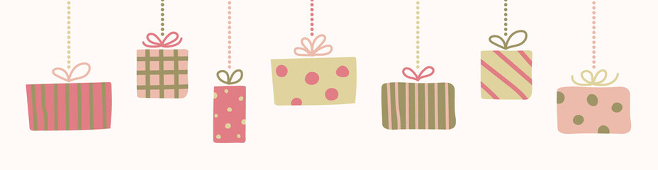 Christmas banner with hanging present boxes. Vector