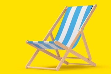 Blue striped beach chair for summer getaways isolated on yellow background.