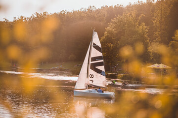 Sailing boat on a lake surrounded by bokeh leaves