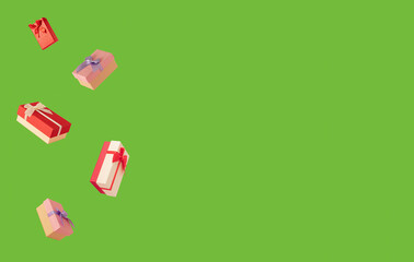 flying gift box for new year 2022 and christmas against green background. abstract art. creative decoration idea with copyspace