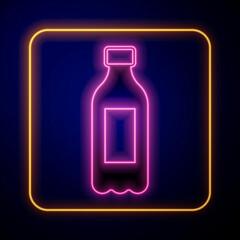 Glowing neon Bottle of water icon isolated on black background. Soda aqua drink sign. Vector