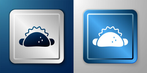 White Taco with tortilla icon isolated on blue and grey background. Traditional mexican fast food menu. Silver and blue square button. Vector