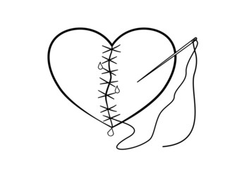 Drawing Line art of Broken heart was cut and attached with many pin,needle and thread brooches.Sadness,Feeling sorry for broken heart. Vector illustration.