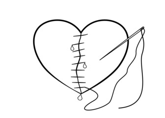 Drawing Line art of Broken heart was cut and attached with many pin,needle and thread brooches.Sadness,Feeling sorry for broken heart. Vector illustration.