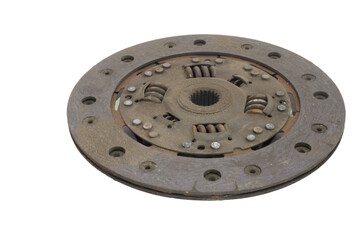 clutch disc, organic, isolated on white background. old spare part
