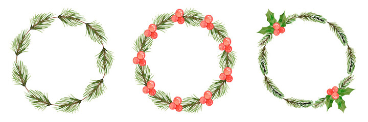 Watercolor set of Christmas wreaths made of fir branches and red berries. Holly berry round frames for invitations and cards. Isolated over white background.