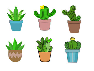 A set of line art, doodle style of pots of cactus in various shapes.Hand drawing isolate on white background. There’s copy space for your text. 