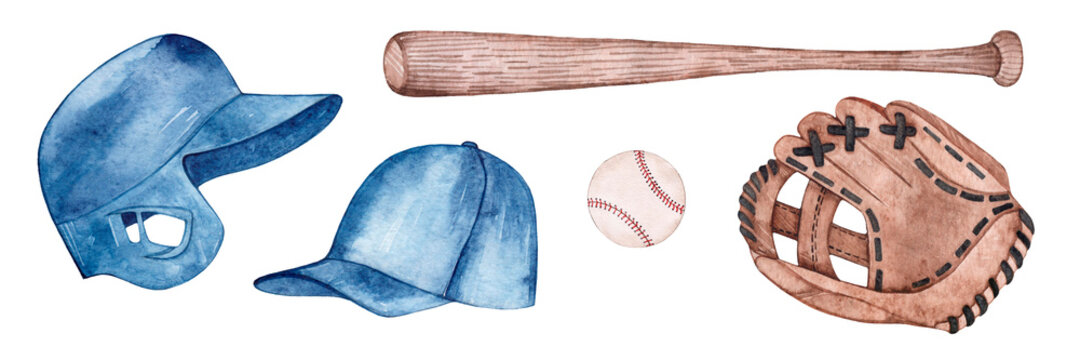 Watercolor baseball set. Sport equipment. Helmet, cap, bat, ball, glove. Isolated over white background.