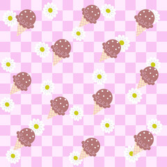 Ice cream isolate on Gingham ,Scott seamless pattern. Texture from rhombus,squares for dress, paper,clothes,tablecloth.,net, grid.Copy space for your text and your business.Vector illustration 