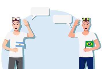 Men with Argentine and Brazilian flags. Background for the text. Communication between native speakers of the language. Vector illustration.