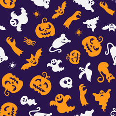Seamless vector pattern for Halloween design. Halloween symbols: pumpkin, spider, ghost in cartoon style. Vector Illustration