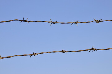 Rusty barbed wire, blue sky background