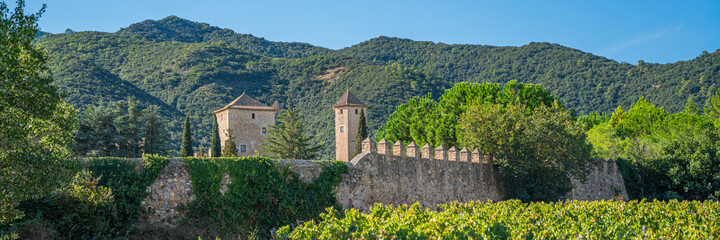 Fototapeta na wymiar Panorama landscape with the twelfth century Cistercian monastery of Santa Maria de Poblet, Catalonia. Spain