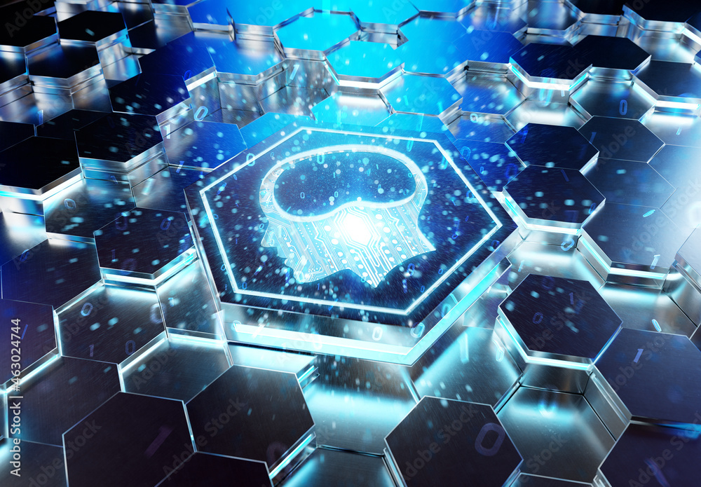 Poster brain icon concept engraved on metal hexagonal pedestral background. artificial intelligence symbol 