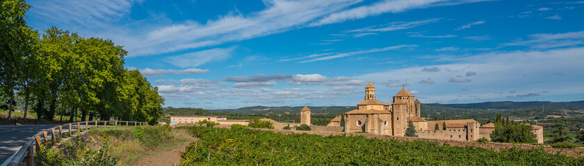 Fototapeta na wymiar Panorama landscape with the twelfth century Cistercian monastery of Santa Maria de Poblet, Catalonia. Spain
