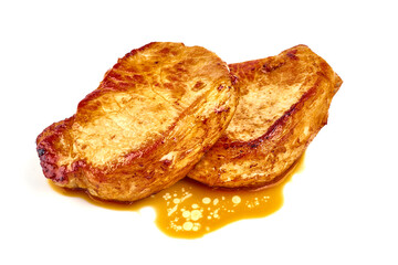 Fried juicy pork steak bbq, isolated on white background.