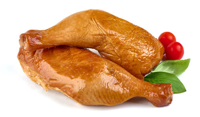 Smoked chicken quarters, isolated on white background.