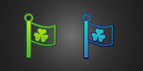 Green and blue National Ireland flag with clover trefoil leaf icon isolated on black background. Happy Saint Patricks day. National Irish holiday. Vector