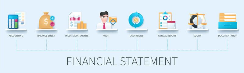 Financial statement banner with icons. Accounting, balance sheet, income statements, audit, cash flow, annual report, equity, documentation icons. Business concept. Web vector infographic in 3D style