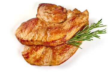 Grilled pork shoulder steak, isolated on white background.
