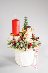 Advent composition with candles, table handmade arrangement mini decoration for new year, artificial Christmas tree interior decoration