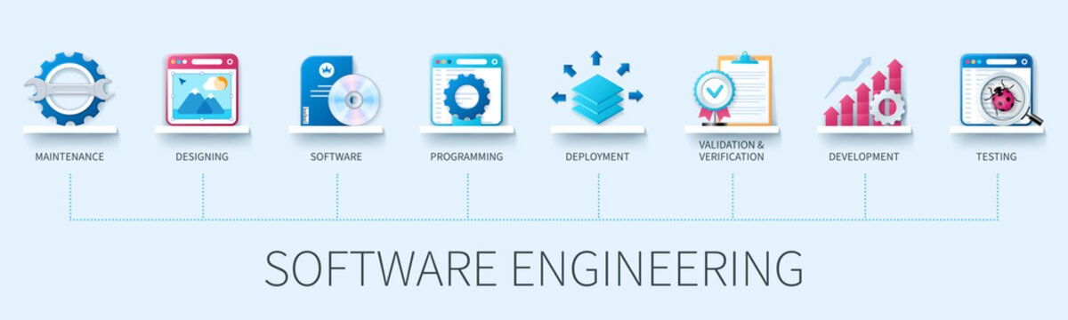 Software Engineering Banner With Icons. Maintenance, Designing, Software, Programming, Deployment, Validation, Verification, Development, Testing Icons. Business Concept. Web Vector Infographic In 3D 