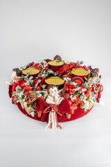 Advent wreath with candles, table handmade arrangement mini decoration for new year, artificial Christmas tree interior decoration