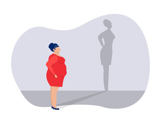 woman fat looking to Big shadow slim body , healthy concept Illustration