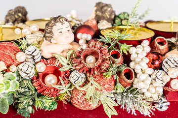 Advent composition with candles, table handmade arrangement mini decoration for new year, artificial Christmas tree interior decoration