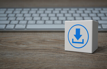 Download flat icon on white block cube with modern computer keyboard on wooden table, Technology internet online concept