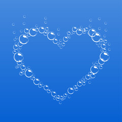 Obraz premium Effervescent bubbles frame in the form of heart. Cartoon soap foam on blue background. Realistic vector illustration. Valentine and love symbol.
