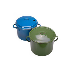 Old style enamel pot on white background