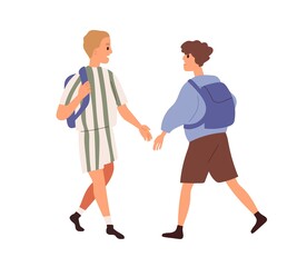 Junior schoolkids with schoolbags meeting and greeting. Boys going to and from school. Happy children passing by each other and smiling. Flat vector illustration of schoolboys isolated on white