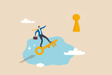 Discover key success, unlock secret creativity to achieve business target, leadership or motivation to find opportunity concept, smart businessman riding flying golden key to discover success keyhole.