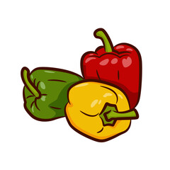 Fresh sweet peppers of different colors. Three sweet peppers, red, yellow and green. Isolated on white background