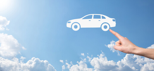 Digital composite of Man holding car icon.Car automobile insurance and car services concept....
