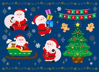 Santa Claus in various poses and Christmas decoration set
