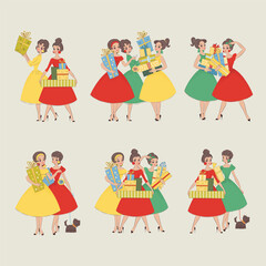 Set of girls with gift boxes. Pretty girls in beautiful dresses holding gift boxes. Winter holiday illustration drawn in mid-century style. Vector 10 EPS.