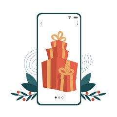 Gift Boxes Present in Smartphone Screen. Vector flat illustrations with advertising Christmas markets and sales in Mobile App.