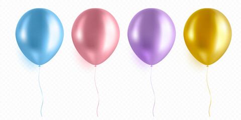 Gold, Purple, Pink, Blue Helium Balloon Set Isolated on Transparent Background. Realistic Metallic Ballon Collection in Realistic Style