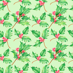 Watercolor seamless holly pattern isolated on light green background.Perfect for wrapping paper,package.
