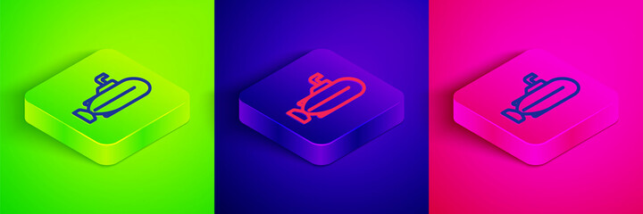 Isometric line Submarine icon isolated on green, blue and pink background. Military ship. Square button. Vector