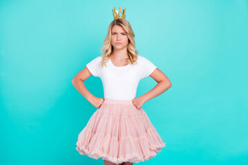 Photo of narcissistic princess lady hands hips wear crown white t-shirt isolated aquamarine color background