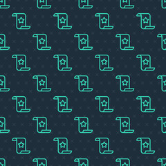 Green line Paper check and financial check icon isolated seamless pattern on blue background. Paper print check, shop receipt or bill. Vector